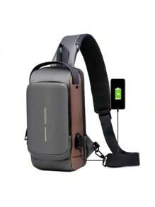 Compact Single-Sided Crossbody Shoulder Backpack USB Code Lock Waterproof - Grey - View 4