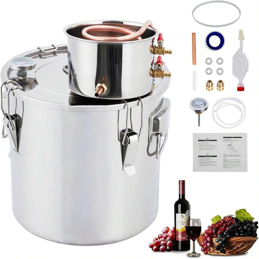Alcohol Still 3Gal/12L Alcohol Distiller Stainless Steel Distillery Kit For Alcohol W/Copper Tube Home Brewing Kit Build-In Thermometer For DIY Whisky Wine Brandy - Silver - View 1
