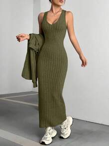 Conjunto de dos piezas de vestido y top con capucha de canalé, con escote en forma de U que realza la sensualidad, combinando estilos para el hogar y para exteriores, adecuado para usar en primavera, verano y otoño, ideal para salidas informales, viajes y actividades en la playa. Las líneas suaves, la silueta ajustada y el corte simple están diseñados específicamente para mujeres maduras. - Verde militar - Ver 3