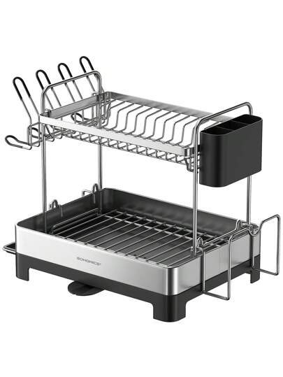  SONGMICS Escurreplatos, Escurridor de Plato de 2 Niveles de Cocina con Pico Giratorio y Extensible, con Soportes para Utensilios, Vasos, Copas, Tablas de Cortar, Negro