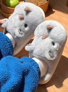 Women Winter Cute Rhinoceros 3D Animal Indoor Non-Slip Warm Thick Bottom House Slippers - Light Grey - View 2