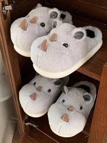 Women Winter Cute Rhinoceros 3D Animal Indoor Non-Slip Warm Thick Bottom House Slippers - Light Grey - View 10