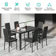 [2 Packages Shipping]Modern Dining Table Set For 6, 7 Piece Glass Dining Table Set With PU Leather Chairs, Kitchen Table And Chairs Set For Home, Dining Room - Black - View 7