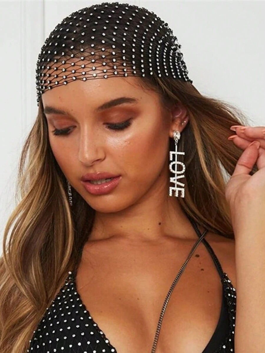 1pc Women Bandana Hair Band Crystal Rhinestone Handkerchiefs For Headwear Fishnet Headscarf Hip Hop Turban Hat Streetwear Headwrap Headband Turban Headband Sweatband, Hairband Fall Winter Hair Accessories For Women For Vacation Outfits Woman