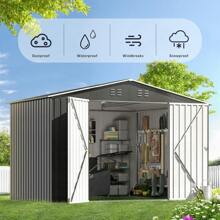 Outdoor Sheds 10FT X 10FT & Outdoor Storage Clearance, Metal Anti-Corrosion Utility Tool House With Lockable Door & Shutter Vents, Waterproof Storage Garden Shed For Backyard Lawn Patio - 灰色 - 查看 6