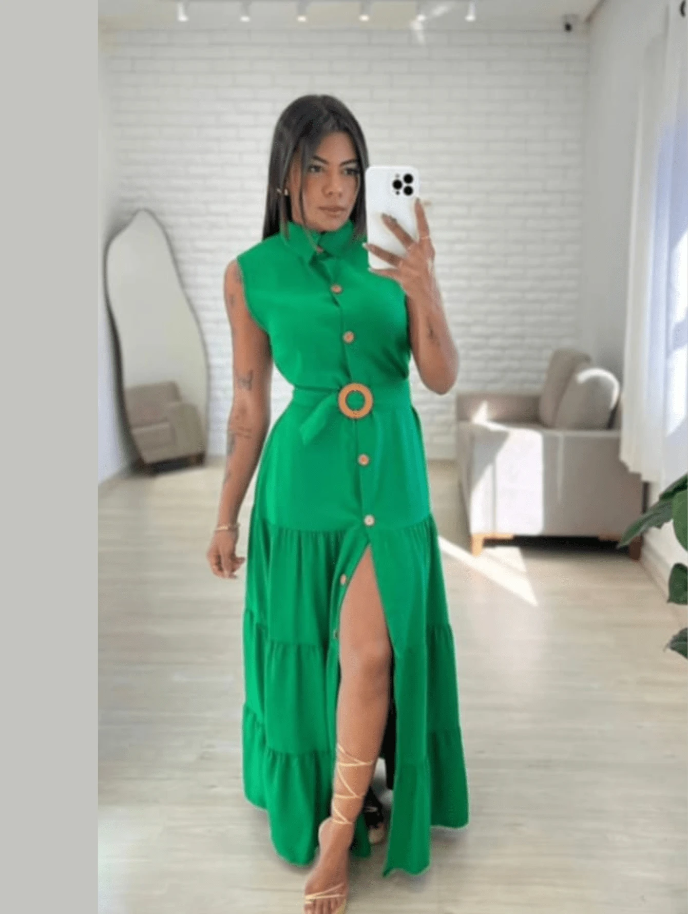 Women's Long Dress With Buttons And Belt - Model 3 Marias In Sensory Fabric - Spring Summer Fashion 2024 - Green - View 1