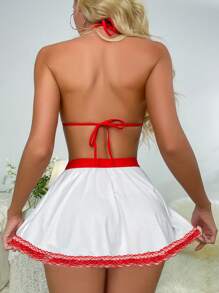 Ning xue yan ying Conjunto de ropa interior sexy de 3 piezas para mujeres que incluye: uniforme de enfermera de cosplay, ropa interior con lazo decorativo, bikini de contraste con parte trasera descubierta, falda corta con encaje y lazo