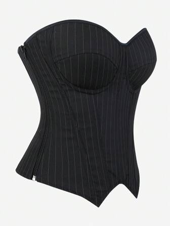 Överbystkorsett, randig vadderad axelbandslös dambody, bantande shapewear, lämplig för maskeradfest, Halloween, svart