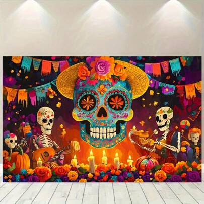 Banner de celebração do Dia dos Mortos com caveira de açúcar colorida e flores - Feito de fibra de poliéster, sem necessidade de fonte de alimentação, ótimo para decoração de feriados, Natal