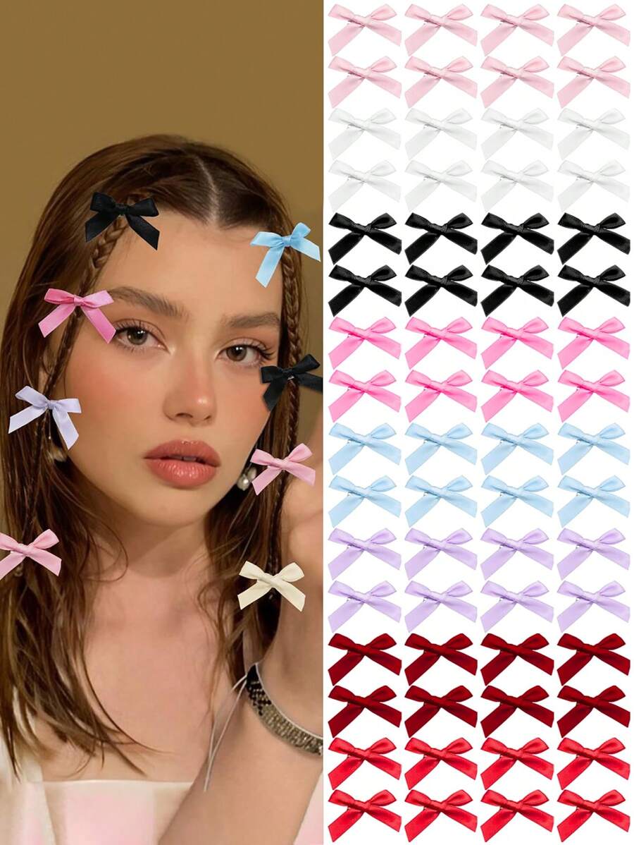 64/32pcs Women Colorful Ribbon Bow Hair Clips, Sweet Silk Mini Hair Pins, Elegant Princess Barrettes, Cute Mini Hair Accessories, Suitable For Daily Use
