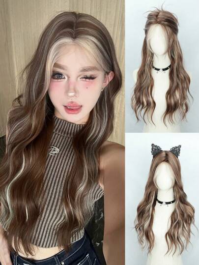 小号蕾丝前假发，米色渐变，蓬松长卷发，预先拔毛，2.5*0.1 U型无胶耐热合成蕾丝前假发，适合女性和女孩日常派对佩戴，28英寸（含1个假发帽）