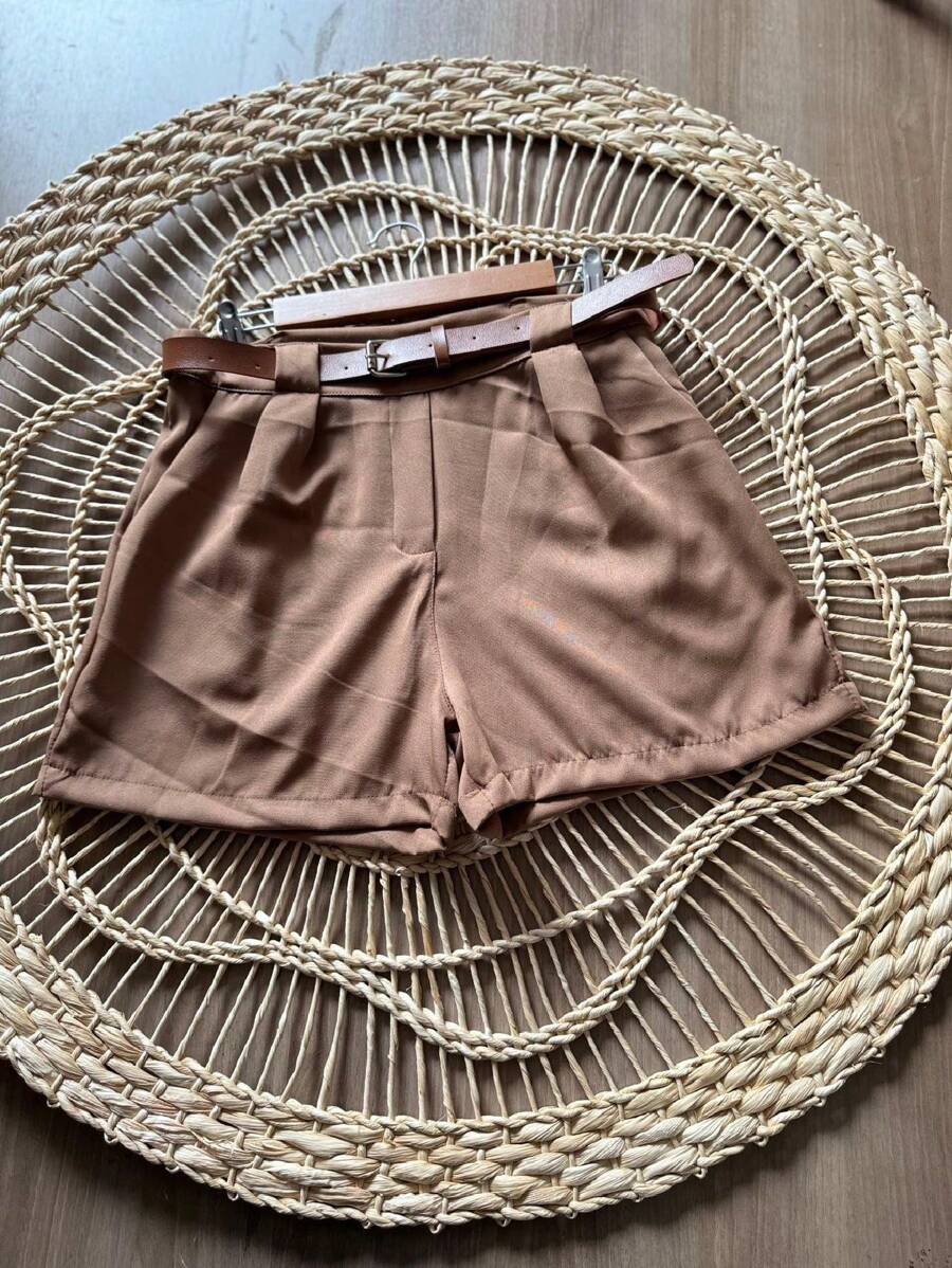 Brown Belted Social Shorts High Waist Tailored Shorts Blogger - 駝色 - 查看 1