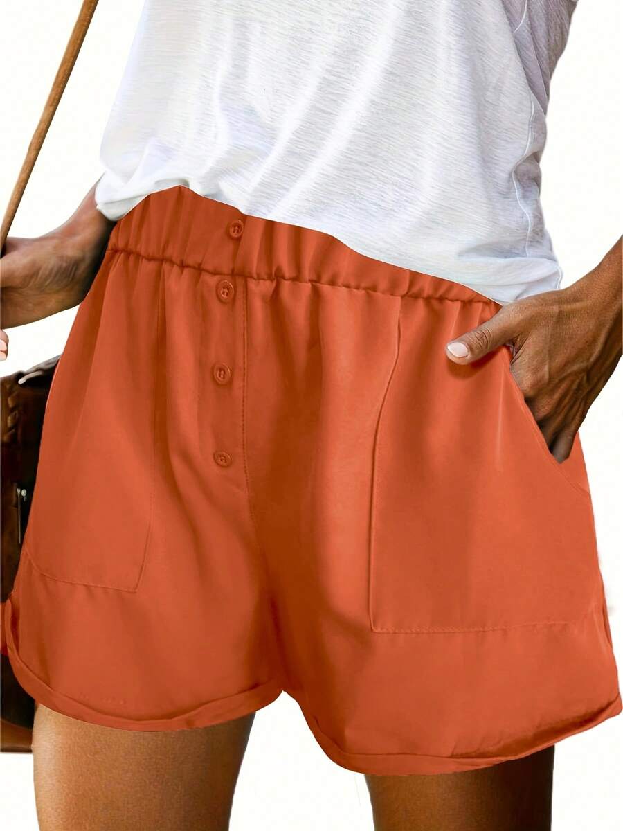 Minimalist High Waist Pocket Shorts, Casual Shorts For Summer & Spring, Women's Clothing - 橘色 - 查看 1