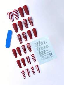 24pcs Long Nails Coffin Shaped Red False Nails, Elegant Christmas Nails Kit Set With Solid Color Snowflake Stripe Design, Suitable For Party, Ball And Daily Wear