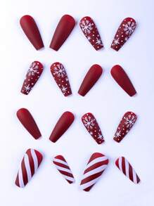 24pcs Long Nails Coffin Shaped Red False Nails, Elegant Christmas Nails Kit Set With Solid Color Snowflake Stripe Design, Suitable For Party, Ball And Daily Wear