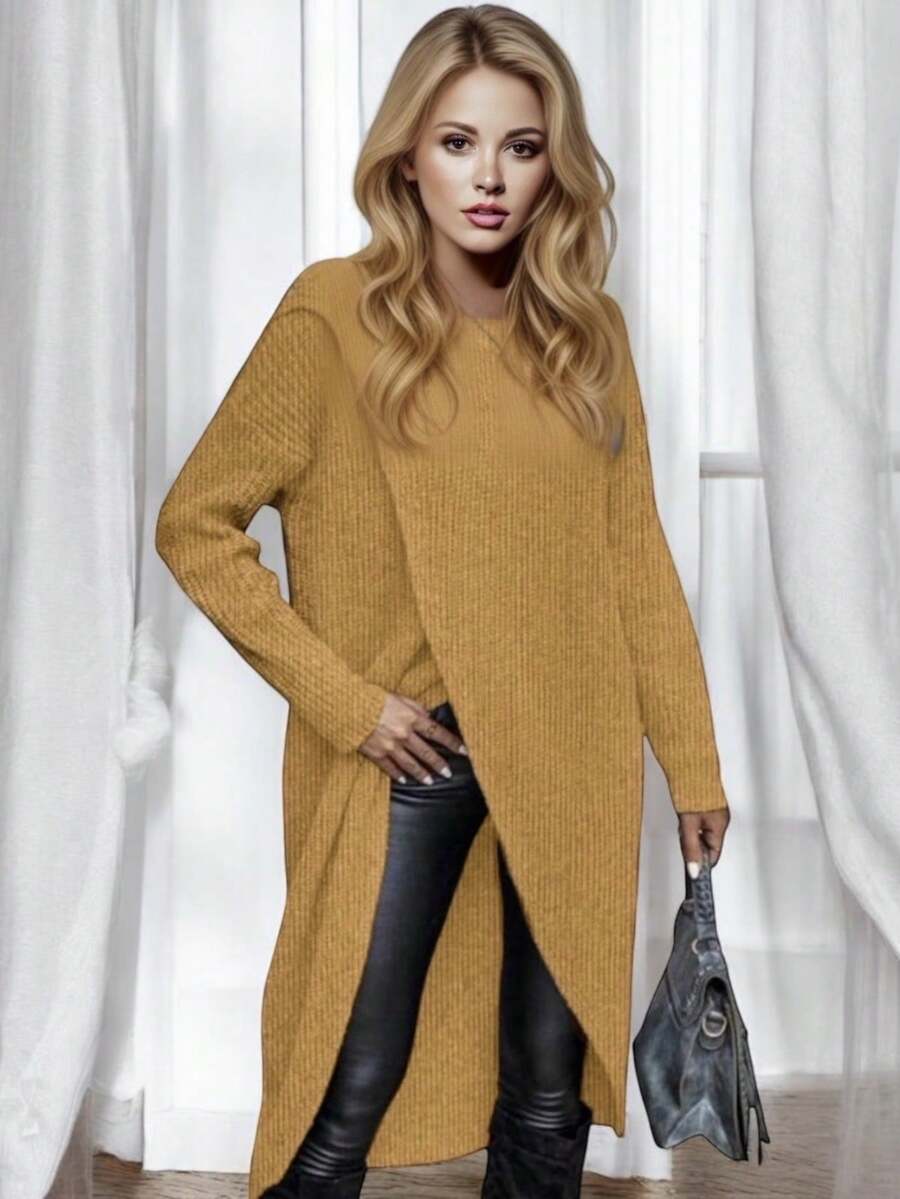 Long Sweater With Crossed Hem For Women - Camel - View 1