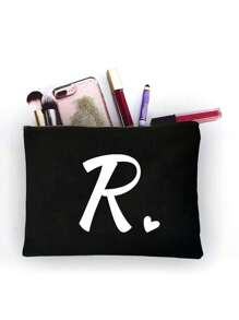 Letter Print Patchwork Women's Makeup Bag, Black Small Size, Letter A-Z, Makeup Bag, Portable Toiletry Bag, Reusable Makeup Bag, Women's Simple Large Capacity Travel Makeup Bag, Earphone, Ls - Black - View 21
