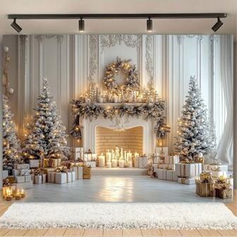 1pc Christmas Fireplace Hanging Cloth, New Polyester Multipurpose Winter White Christmas Tree Christmas Photography Backdrop Banner Background Cloth, 82.7*59.1/59.1*39.4/39.4*29.5in, Suitable For Christmas Holiday Decor Background Flag And Holiday Celebration Decorations, No Electricity Required,Christmas