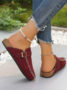 Women Thick Sole Closed Toe Slippers, 2024 New Summer & Fall Outdoor Slip On Sandals With Buckle Strap, Soft Cork Burgundy Shoes, Slide On Shoes - Burgundy - View 6