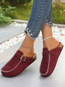 Women Thick Sole Closed Toe Slippers, 2024 New Summer & Fall Outdoor Slip On Sandals With Buckle Strap, Soft Cork Burgundy Shoes, Slide On Shoes - Burgundy - View 2