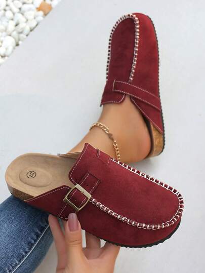 Women Thick Sole Closed Toe Slippers, 2024 New Summer & Fall Outdoor Slip On Sandals With Buckle Strap, Soft Cork Burgundy Shoes, Slide On Shoes