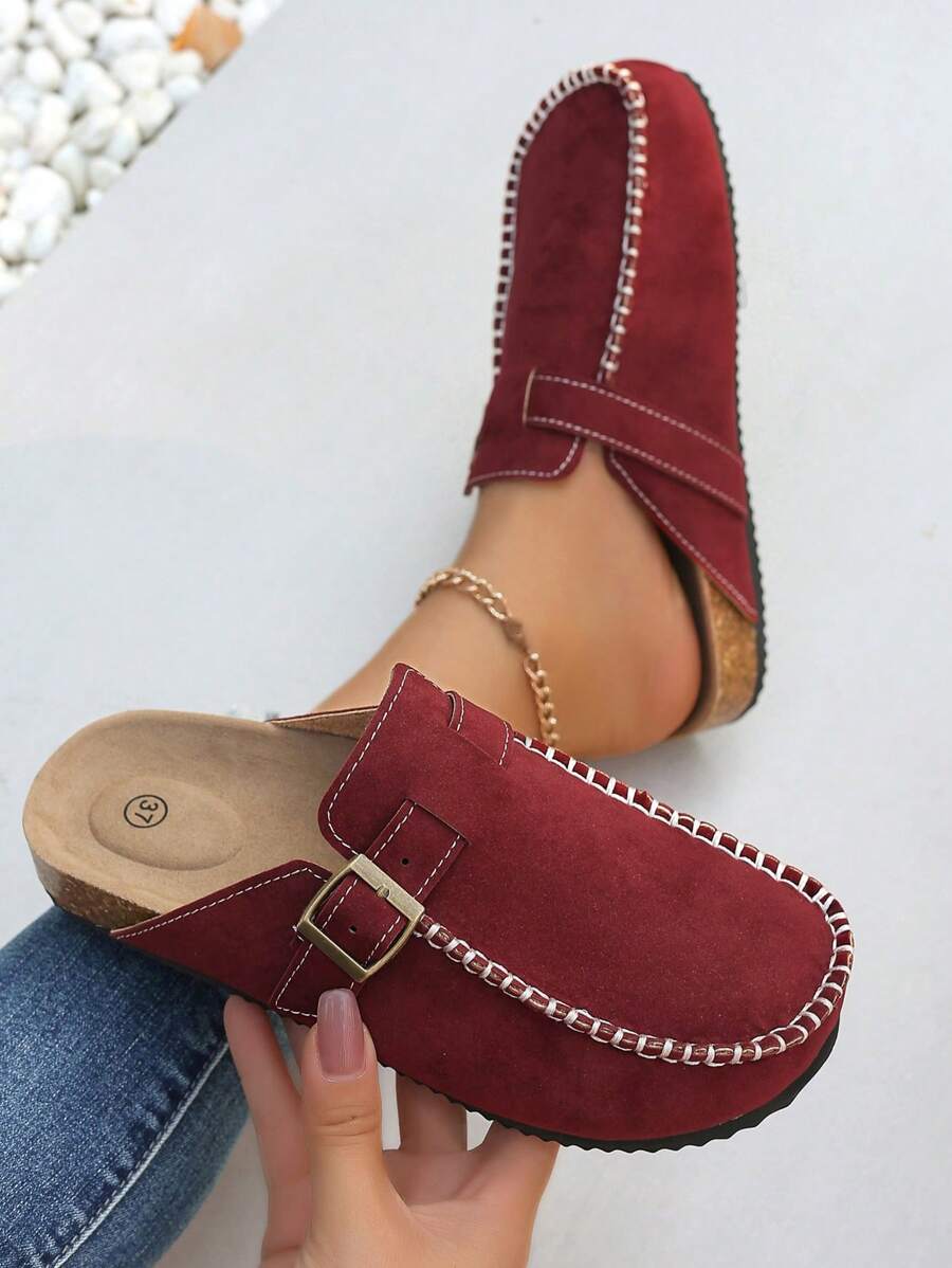 Women Thick Sole Closed Toe Slippers, 2024 New Summer & Fall Outdoor Slip On Sandals With Buckle Strap, Soft Cork Burgundy Shoes, Slide On Shoes - Burgundy - View 1