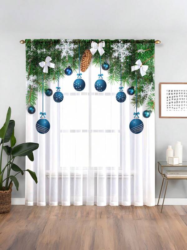 1buc Decor perdea cu tematică de Crăciun cu baloane, brad, cutie cadou - potrivit pentru sufragerie, dormitor, decorarea bucătăriei