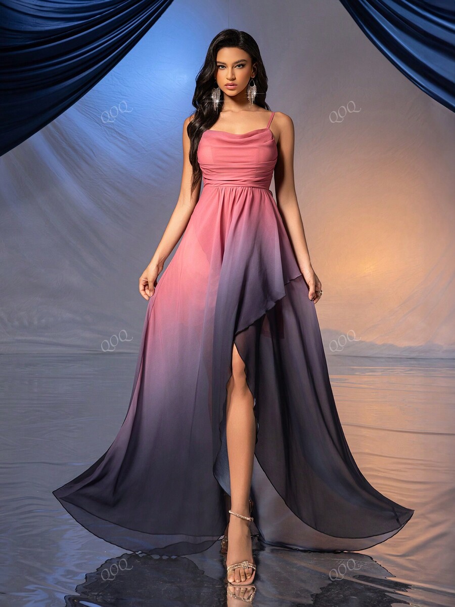 Ombre High Slit Bridesmaid Dress With ZipperBack & Pleated Details for
