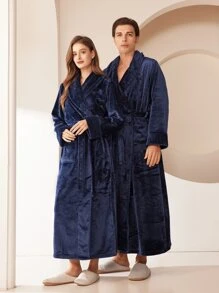 1pc Extra Long Flannel Bathrobe, Adult Flannel Bathrobe, Thermal Lined, Suitable For Hotels, Spas, Beauty Salons, Absorbent & Quick Dry, Loose Fit, Multiple Colors, Minimalist Design, Bathroom & Home Essentials - Multicolor - View 12