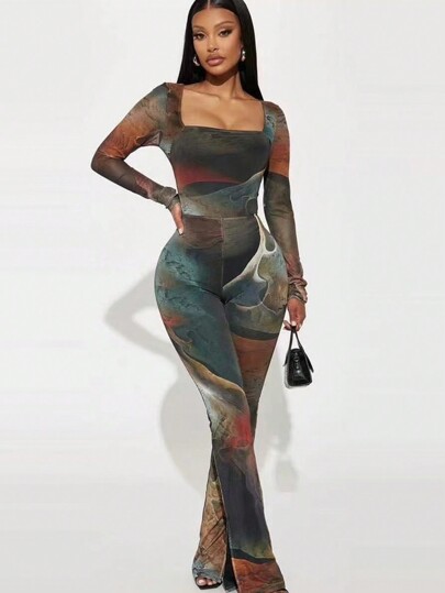 Combinaison sexy à manches longues avec encolure carrée et motif tie-dye pour femmes