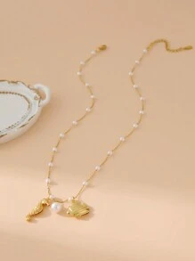 ZIRUISP 1 pieza Collar con colgante de acero inoxidable con estrella de mar y concha de perla falsa, estilo de vacaciones en la playa para mujeres