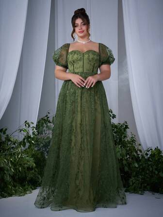 Plus Size Non-Locating Floral Print Sweetheart Neck Puff Sleeve Satin Banded Cups Embroidered Lace Dress, Elegant Formal Evening Prom Dress, For Wedding Guest, Graduation, Dinner Party Dress,Gown