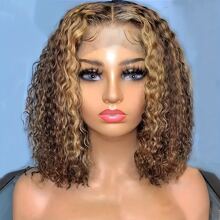 Highlight Ombre Deep Wave Human Hair Wig 13x4 Lace Frontal Deep Wave Curly Lace Wig 180% Density Short Curly Bob Wig For Women 4/27 Color 10-16inch - Highlight & Piano - View 2