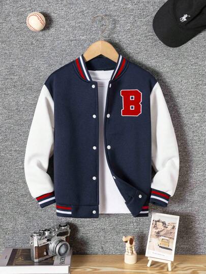 Young Boy Casual Stylish Letter Embroidered & Colorblock Trim Long Sleeve Sweatshirt Jacket