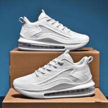 PLUS SIZE Men's Solid Air Cushion Sneakers - Comfy Non Slip Casual Shoes With Lace Up Design - 白色 - 查看 6