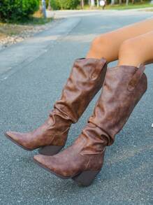 女士尖头褶皱粗跟西部靴，复古骑士靴，优雅秋冬高筒靴，及膝靴，牛仔靴 - 棕色 - 查看 4