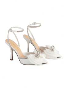 Women's Rhinestone Bow Ankle Strap Pointed Toe Pumps Elegant Wedding Party Prom Dress Stiletto Heels Shoes - trắng - Xem 5