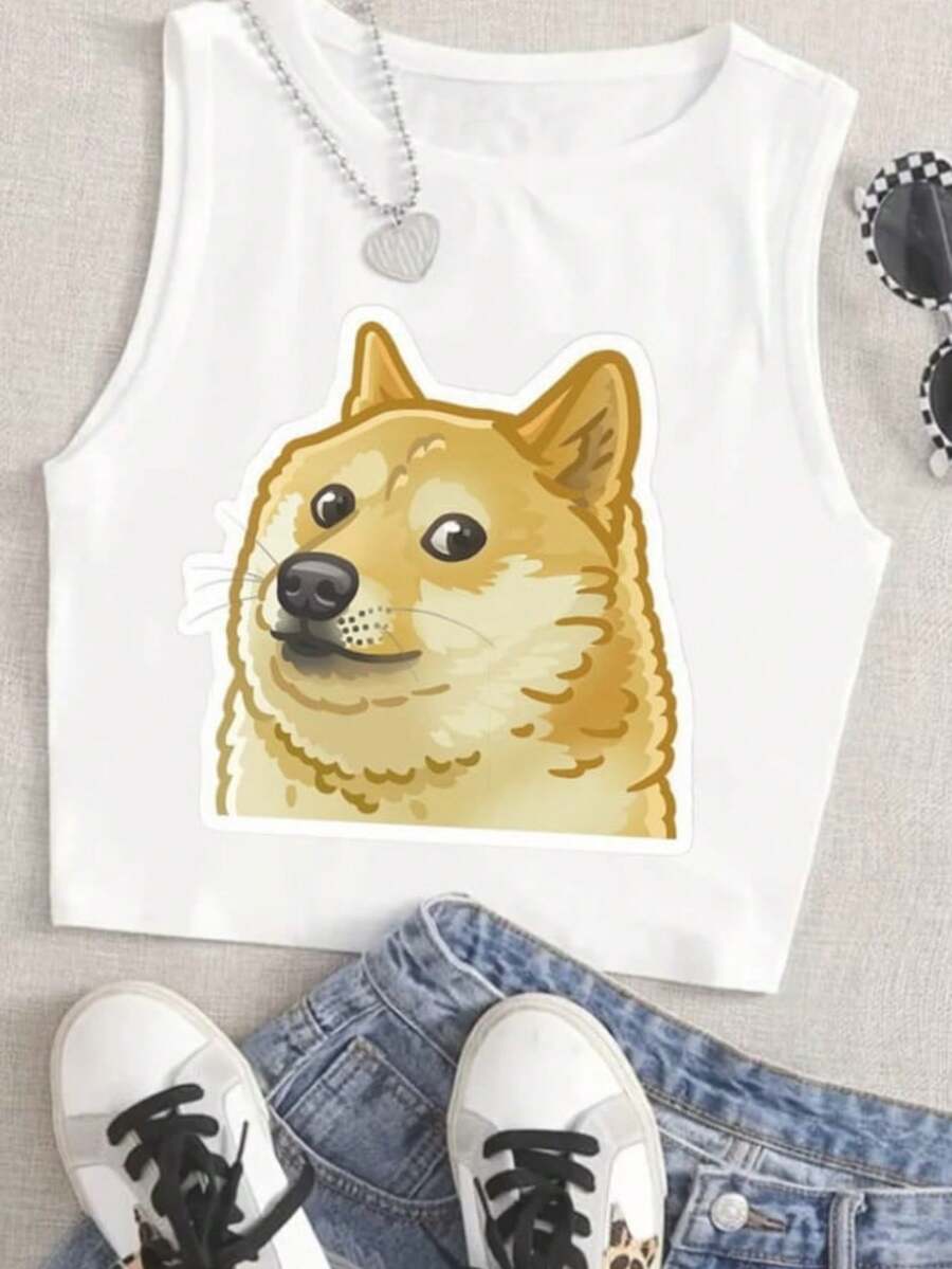 Top tank corto ligero con estampado de dibujos animados - Blanco - Ver 1