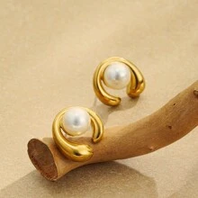 1 Pair Golden Stainless Steel Faux Pearl Elegant Women Earrings