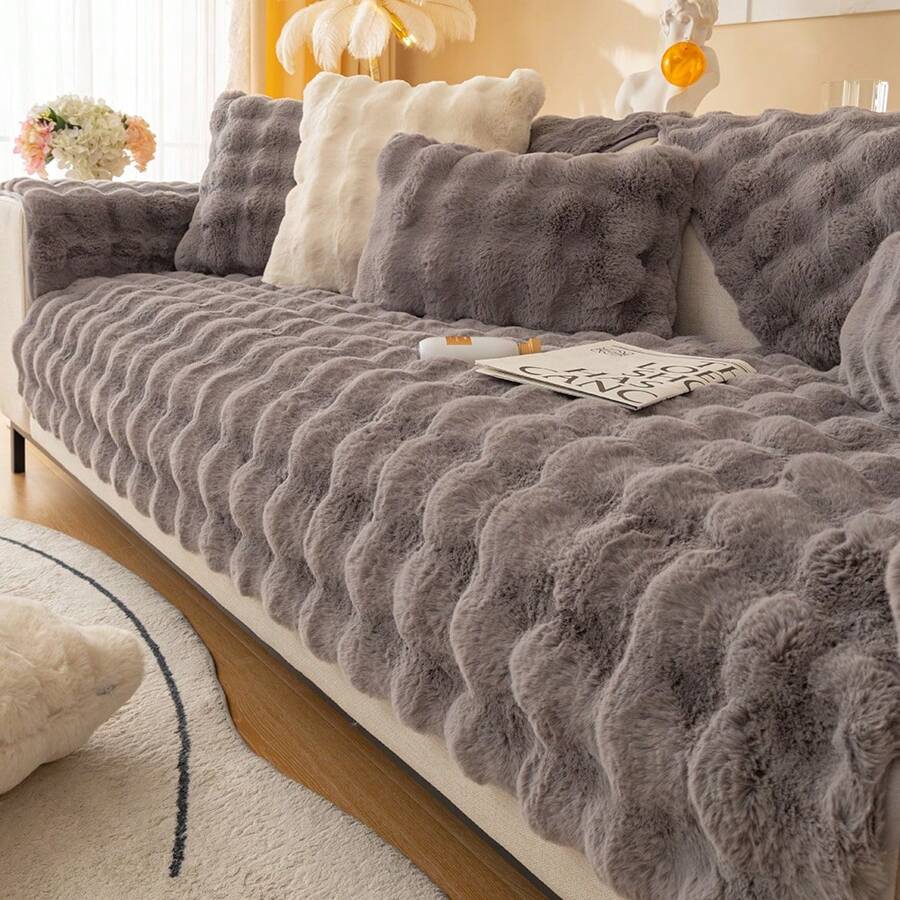 1pc Beloved Plush Plush Sofa Cushion, Winter Thick Soft Anti-Slip Sofa Covers, 2024 New Design - Light Grey - View 1