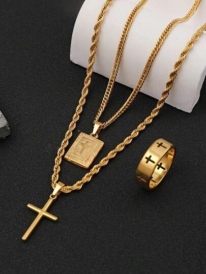18K Gold Plated Fashion Exaggerated Hip Hop Jewelry Set, 3pcs Stainless Steel Cross Pendant Necklace With Matching Bracelet And Ring