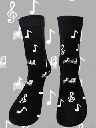 1pair High Quality Men's Interesting Musical Note Pattern Design Comfortable Soft Socks, Fall
