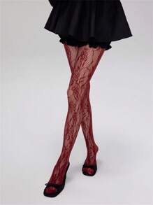 Y2K/Baddie Style Solid Color Lace Fishnet Hollow-Out Patterned Tights, Spring Summer - Burgundy - View 4