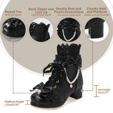 Cute Lolita Style Ankle Boots For Women Chunky Mid Heel Ankle Boots With Bow Back Zip Platform Lace Up Booties With Pearl Short Boots For Wedding Bridal Bridesmaid Dress Party