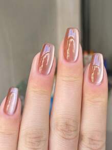 用 24 件中方形优雅时尚红棕色猫眼假指甲表达您的爱意，漂亮的红棕色假指甲，全覆盖假指甲尖，适合女性和女孩，包括美甲沙龙用 1 块果冻凝胶和 1 个锉刀 - 棕色 - 查看 1
