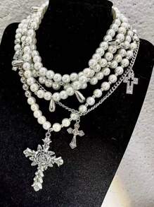 1set Vintage European French Chic Multi-Strand Pearl Beaded Necklace, Layered Pearl Choker For Men And Women