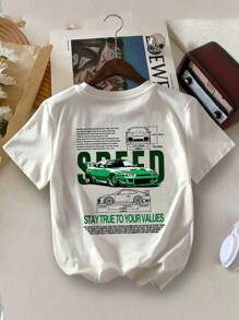 Camiseta casual de cuello redondo para niños con estampado de patrón de coches