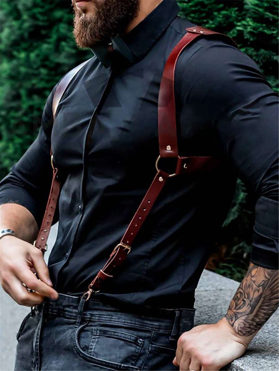 1 件男士手工铆钉 PU 皮革肩带，适合紧身衬衫和 T 恤万圣节