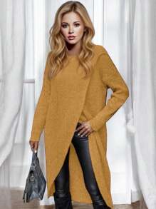 Long Sweater With Crossed Hem For Women - Camel - View 2