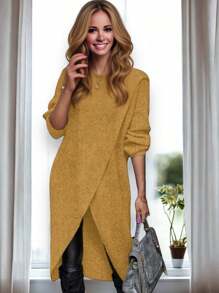 Long Sweater With Crossed Hem For Women - Camel - View 4